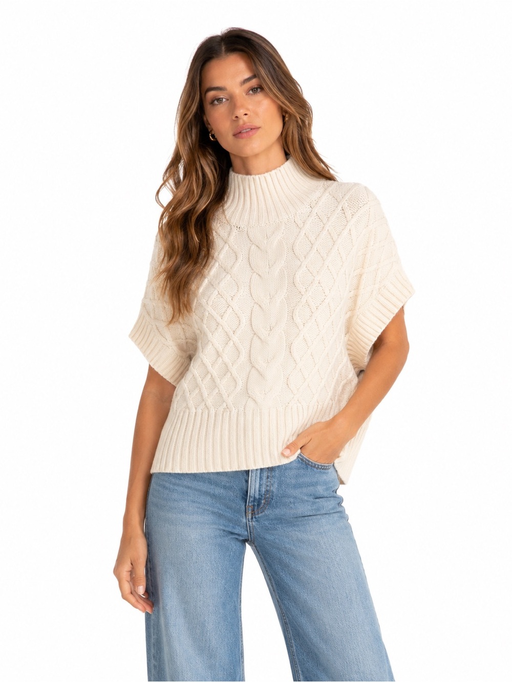 Express Cream Cable Knit Mock Neck Poncho Sweater Cape S/M Cozy Quiet Luxury